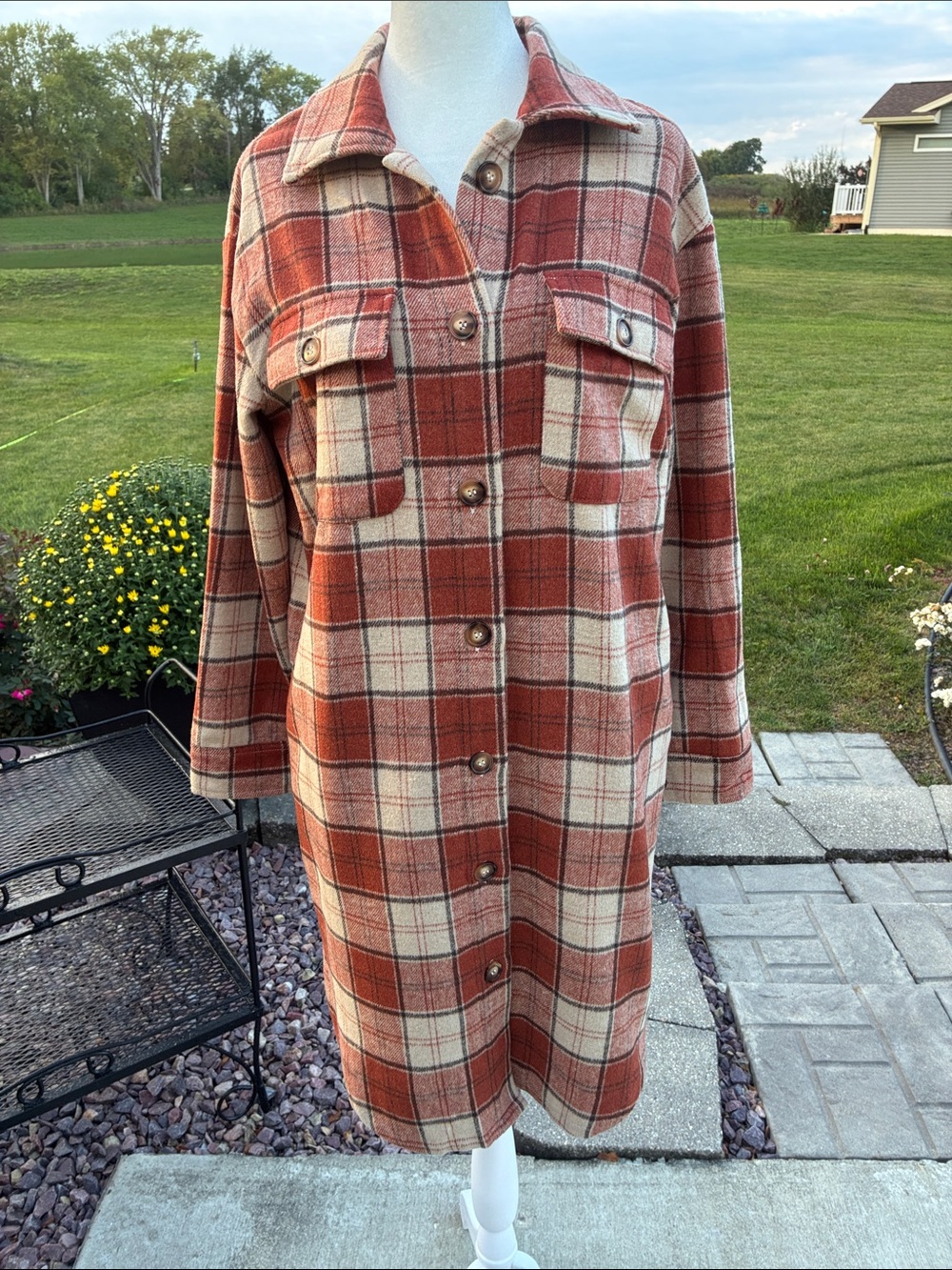 Panache Classic Plaid Button-Front Duster Jacket - S